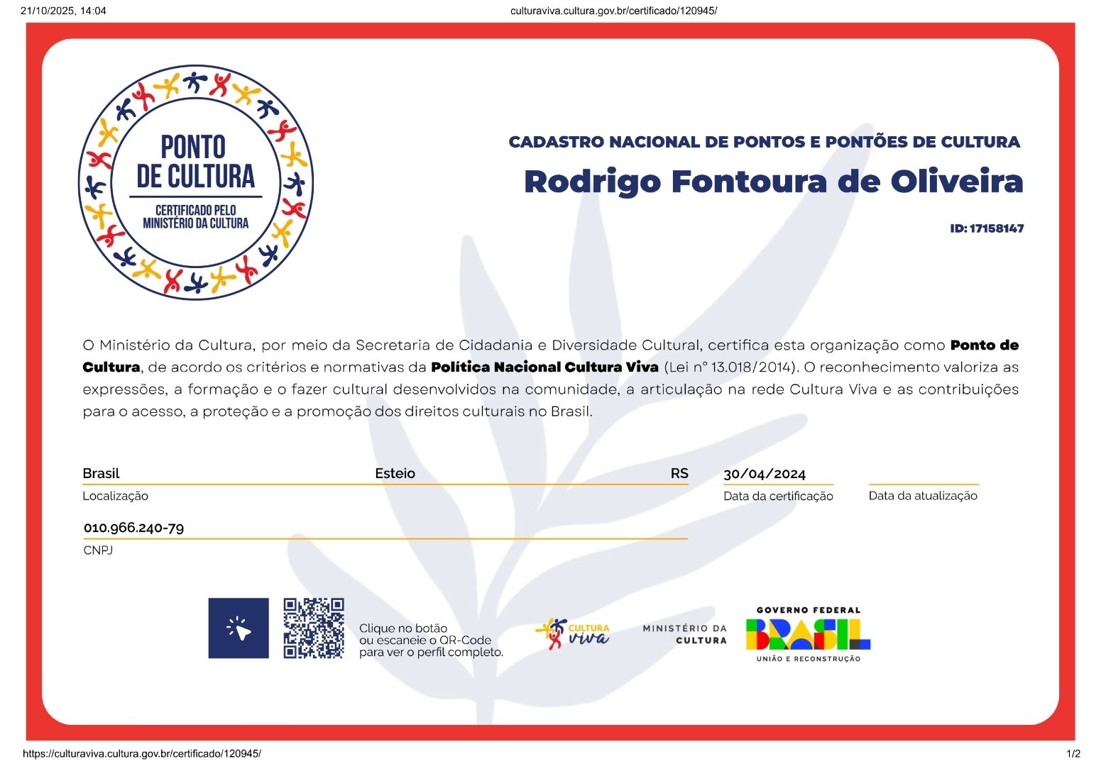 Certificado Ponto de Cultura